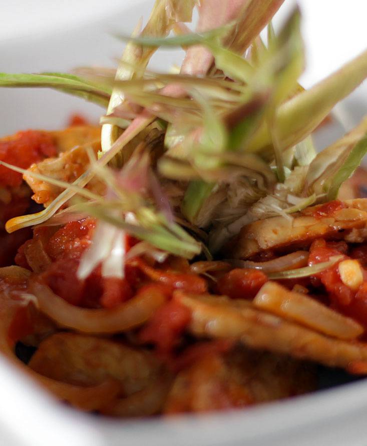 Tempeh alla cipolla stufata e carciofi