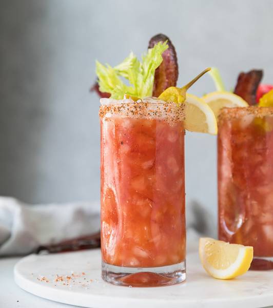 BLOODY MARYS WITH BOURBON MAPLE CANDIED BACON