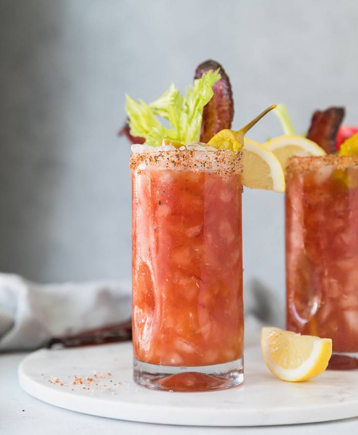 BLOODY MARYS WITH BOURBON MAPLE CANDIED BACON