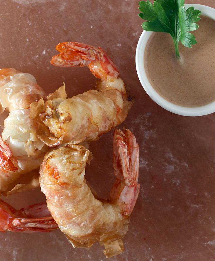 Gamberi in pasta fillo, con salsa rosa