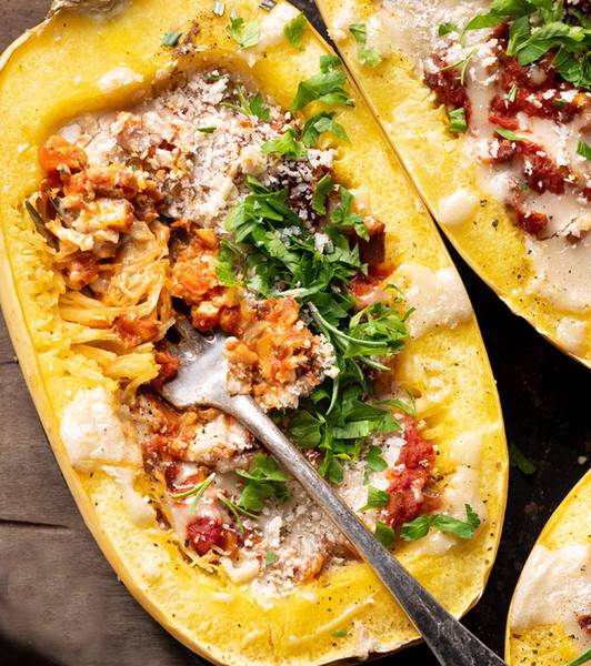 Spaghetti squash stuffed with vegan mushroom bolognese