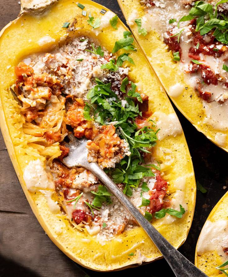 Spaghetti squash stuffed with vegan mushroom bolognese