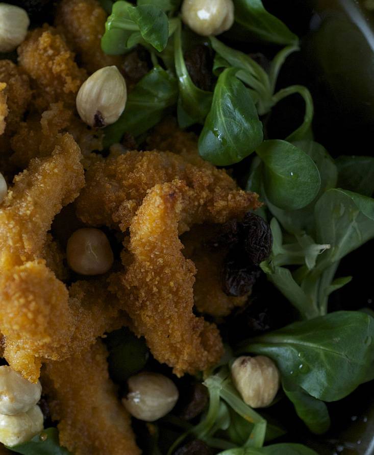 Straccetti di pollo panati al pane e pomodoro, uvetta e nocciole